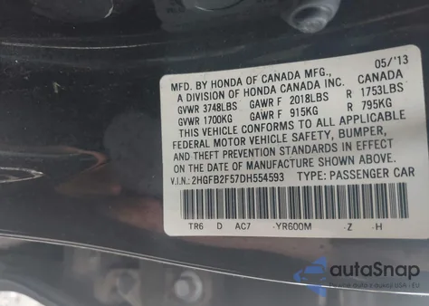 2013 Honda Civic Lx из США, поврежденный, VIN 2HGFB2F57DH554593